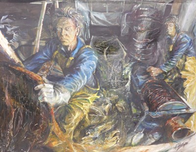 Lot 36 - Mike Helmy (20thC). Industrial scene, figures...