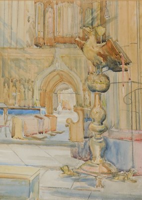 Lot 344 - 19thC School. Cathedral interior, watercolour,...