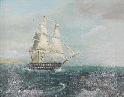 Lot 358 - S H (19thC School). Ship on calm waters, oil...