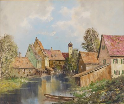 Lot 330 - 20thC School. Stream before cottages and trees,...